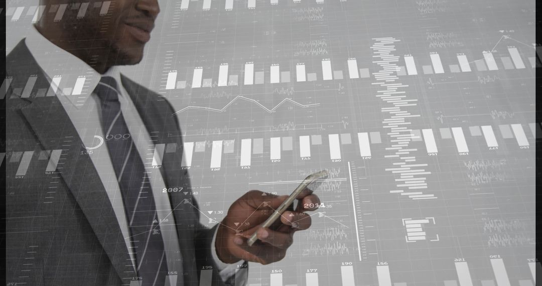 Businessman Reviewing Financial Data on Smartphone with Digital Graph Overlays