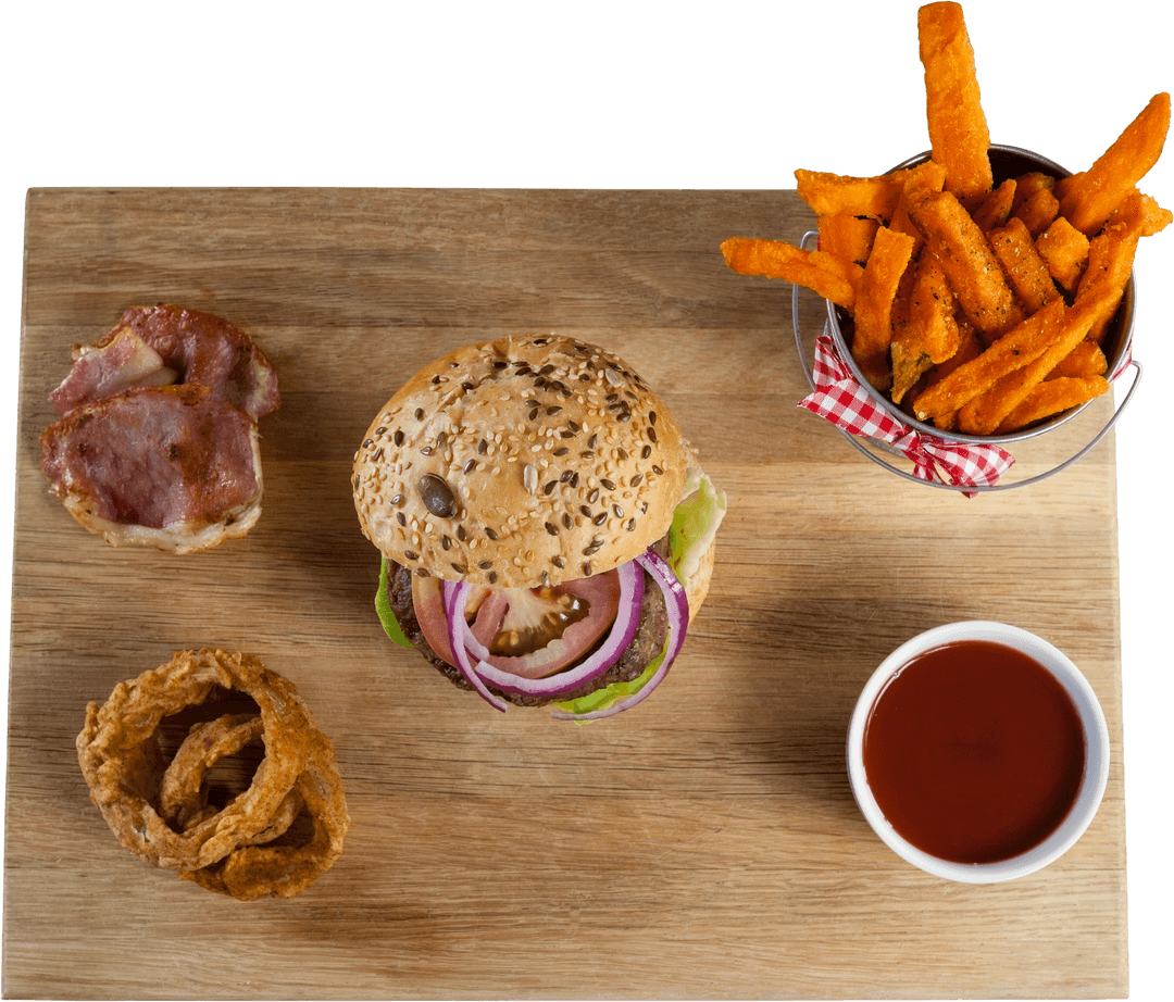 Transparent Burger and Fries Arrangement on Wooden Board