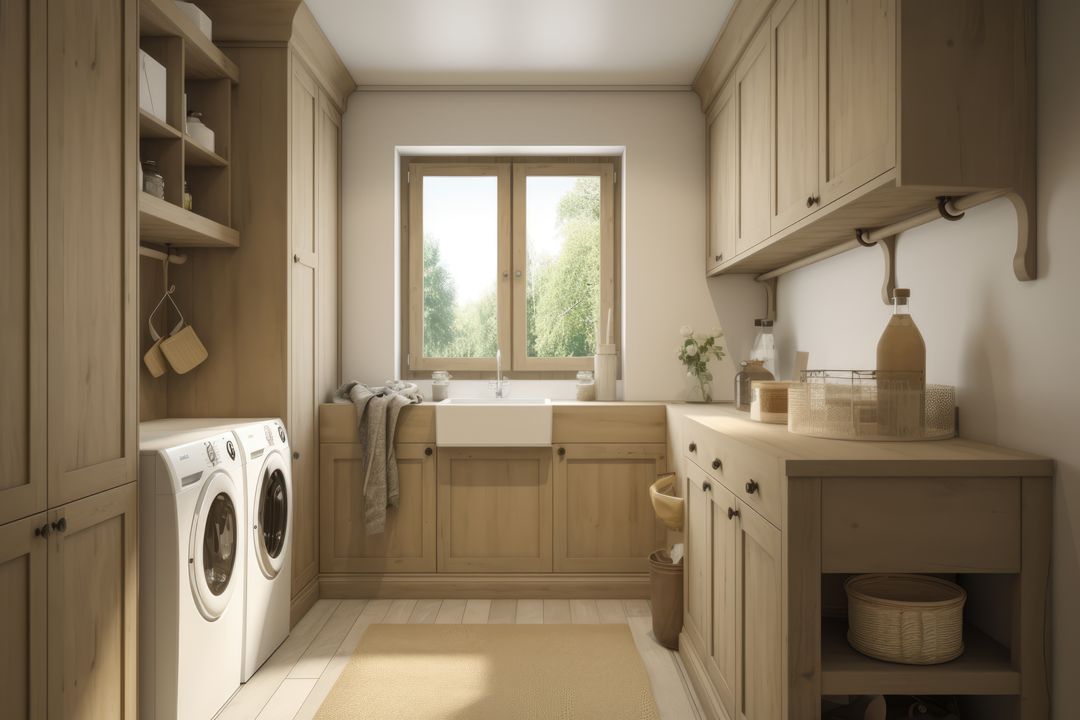 General view of utility room with wooden furniture, created using generative ai technology - Free Images, Stock Photos and Pictures on Pikwizard.com