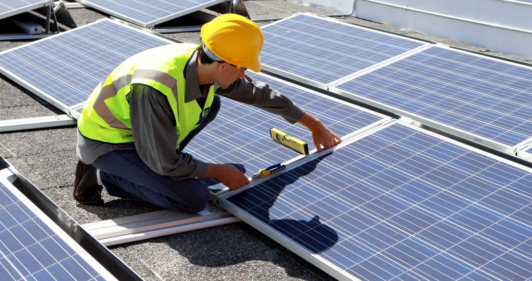 Technician Installing Solar Panels on Rooftop in Bright Sunlight - Free Images, Stock Photos and Pictures on Pikwizard.com