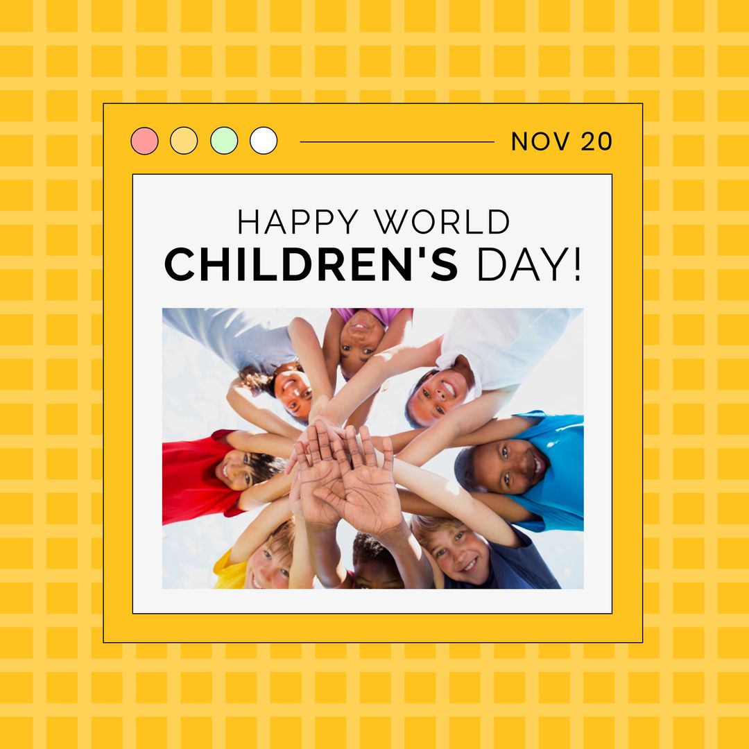 Diverse Children Smiling and Stacking Hands for Children's Day Celebration