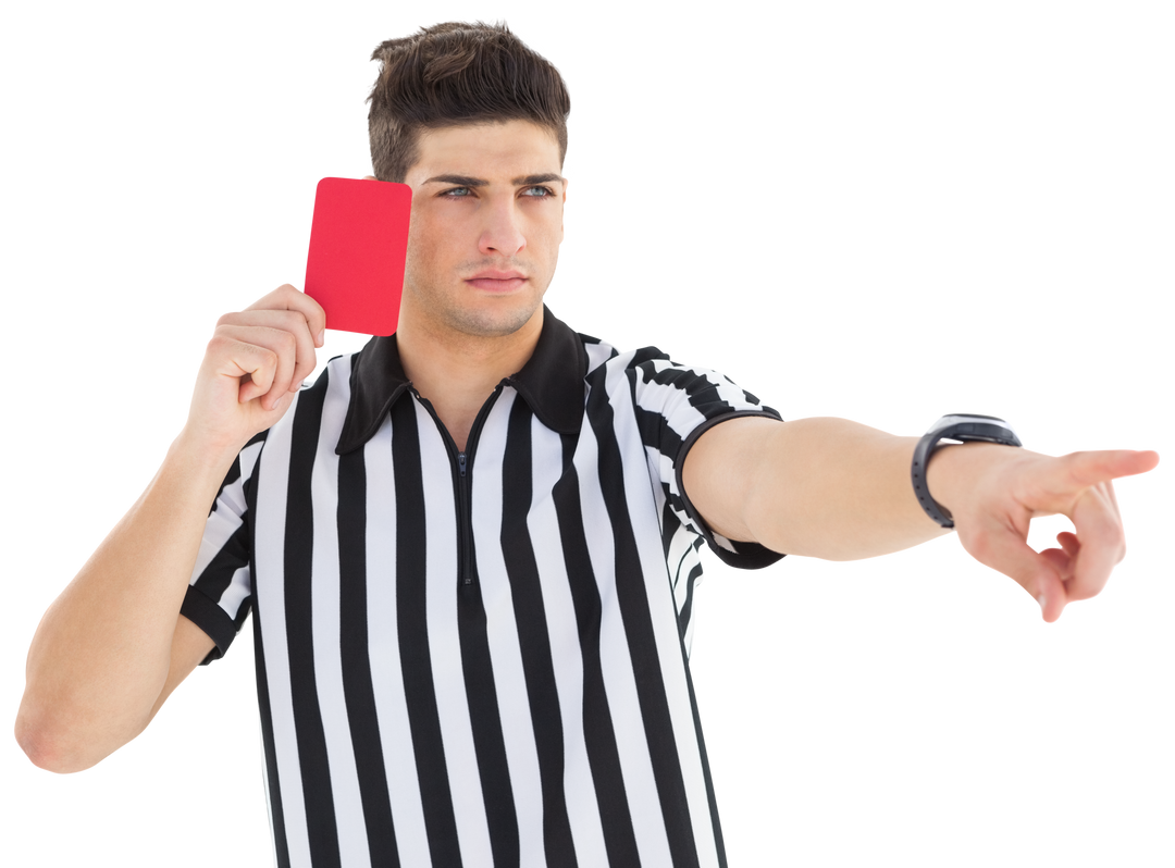 Transparent Referee Holding Red Card and Pointing in Striped Shirt, Full Length Cutout - Download Free Stock Images Pikwizard.com