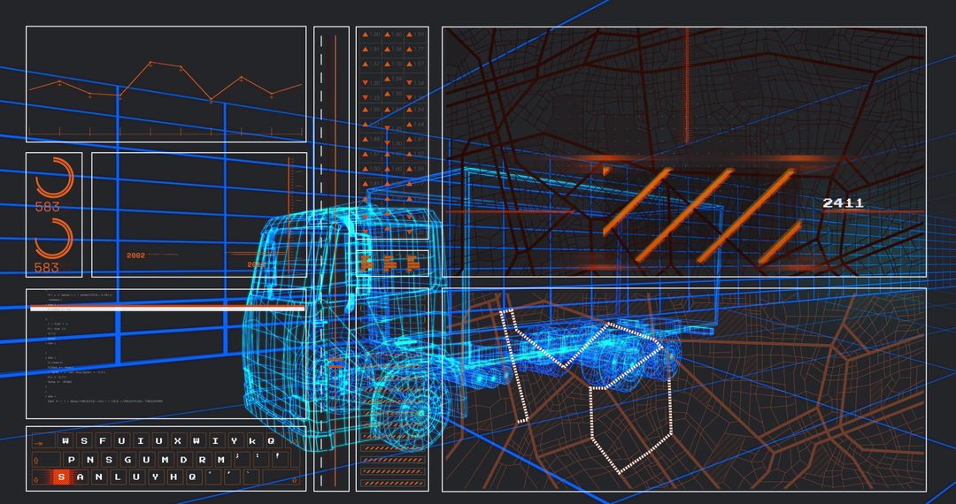 Futuristic Truck Wireframe and Data Analytics Display