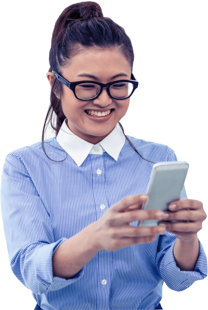 Transparent Cheerful Businesswoman Using Smartphone in Office Attire