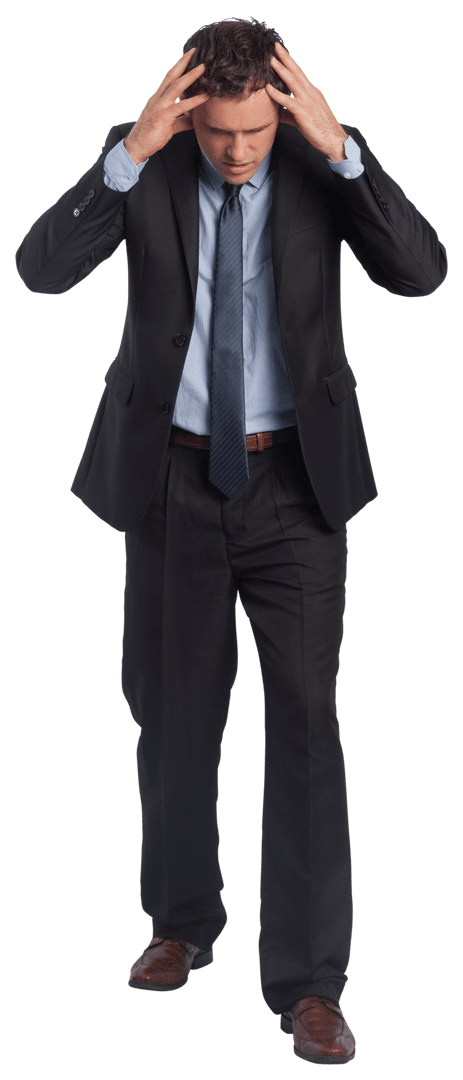 Stressed Businessman with Hands on Head in Transparent Background