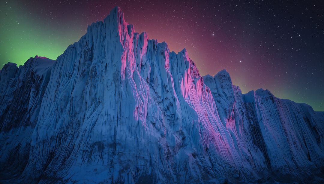 Glowing Arctic Glacier Peak Rising Under Aurora Nights with Magenta Ridges and Starry Sky