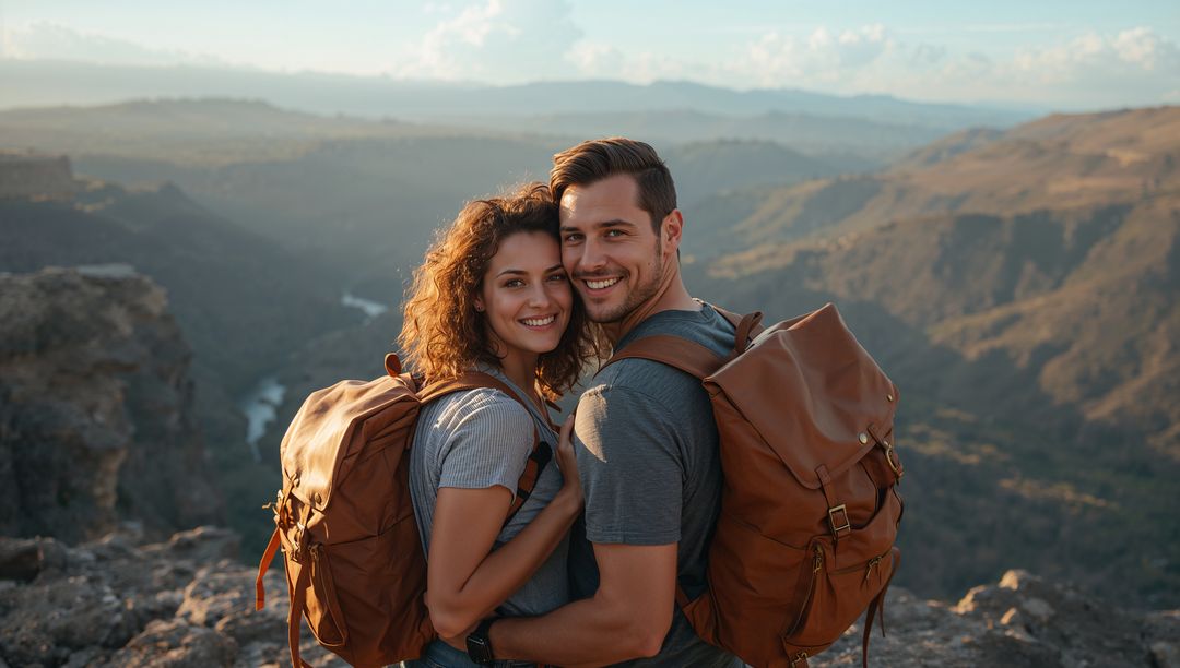Smiling Couple Embracing on Canyon Overlook With Leather Backpacks at Golden Hour