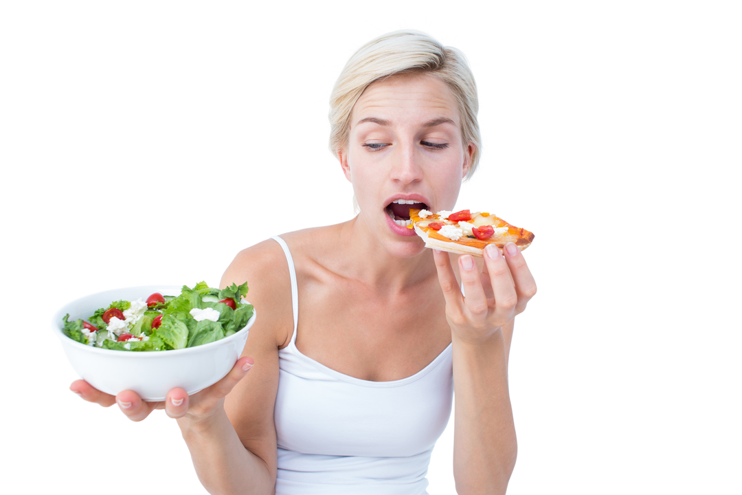 Pretty Woman Choosing Pizza Over Bowl of Salad, Transparent Background - Download Free Stock Images Pikwizard.com