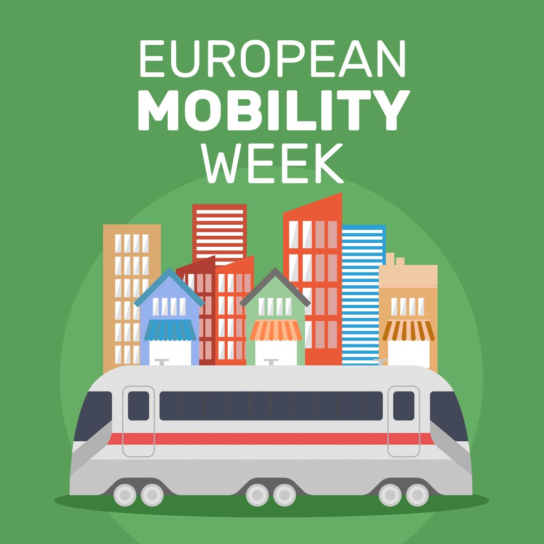European Mobility Week Concept Art with Cityscape and Public Bus