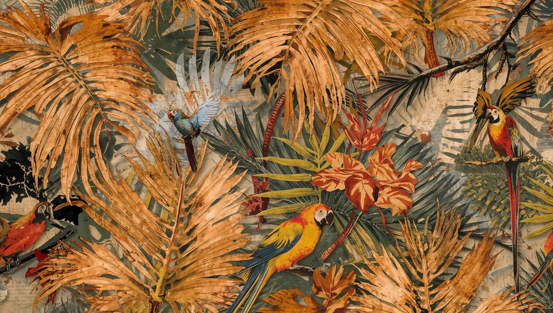 Exotic Tropical Parrots Perching in Colorful Foliage Background