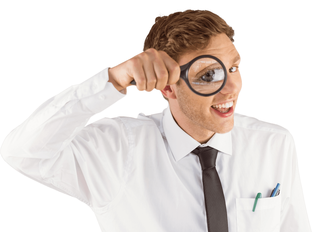 Playful Businessman with Transparent Magnifying Glass