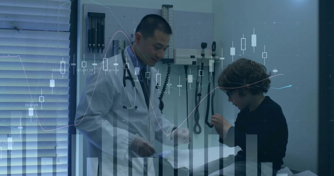 Doctor examining child during pediatric checkup with medical chart and data overlay