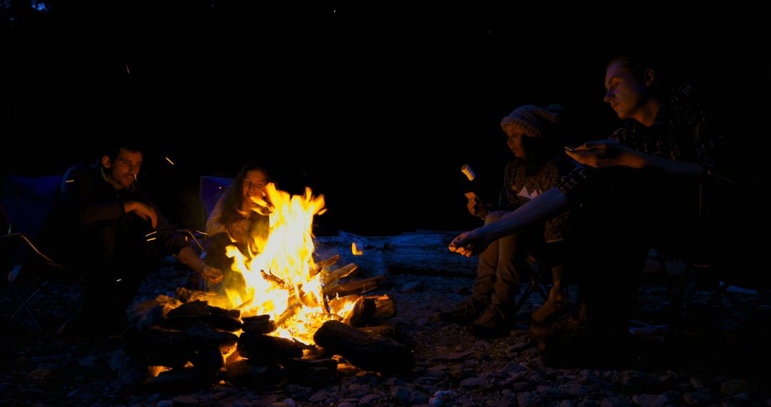 Friends Enjoying Campfire with Marshmallows at Night - Free Images, Stock Photos and Pictures on Pikwizard.com