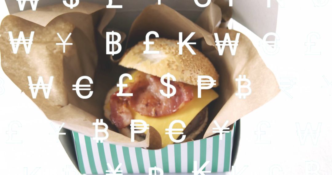 Gourmet Bacon Cheeseburger in Box Overlaid with Currency Symbols