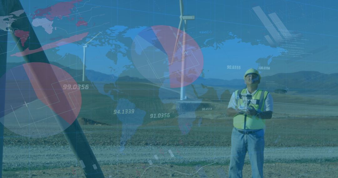 Engineer Analyzing Wind Farm Data with Global Statistics Overlay