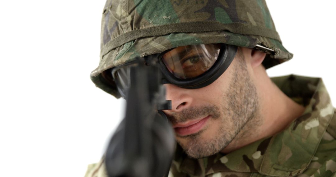 Caucasian Soldier in Camouflage Aiming with Focus