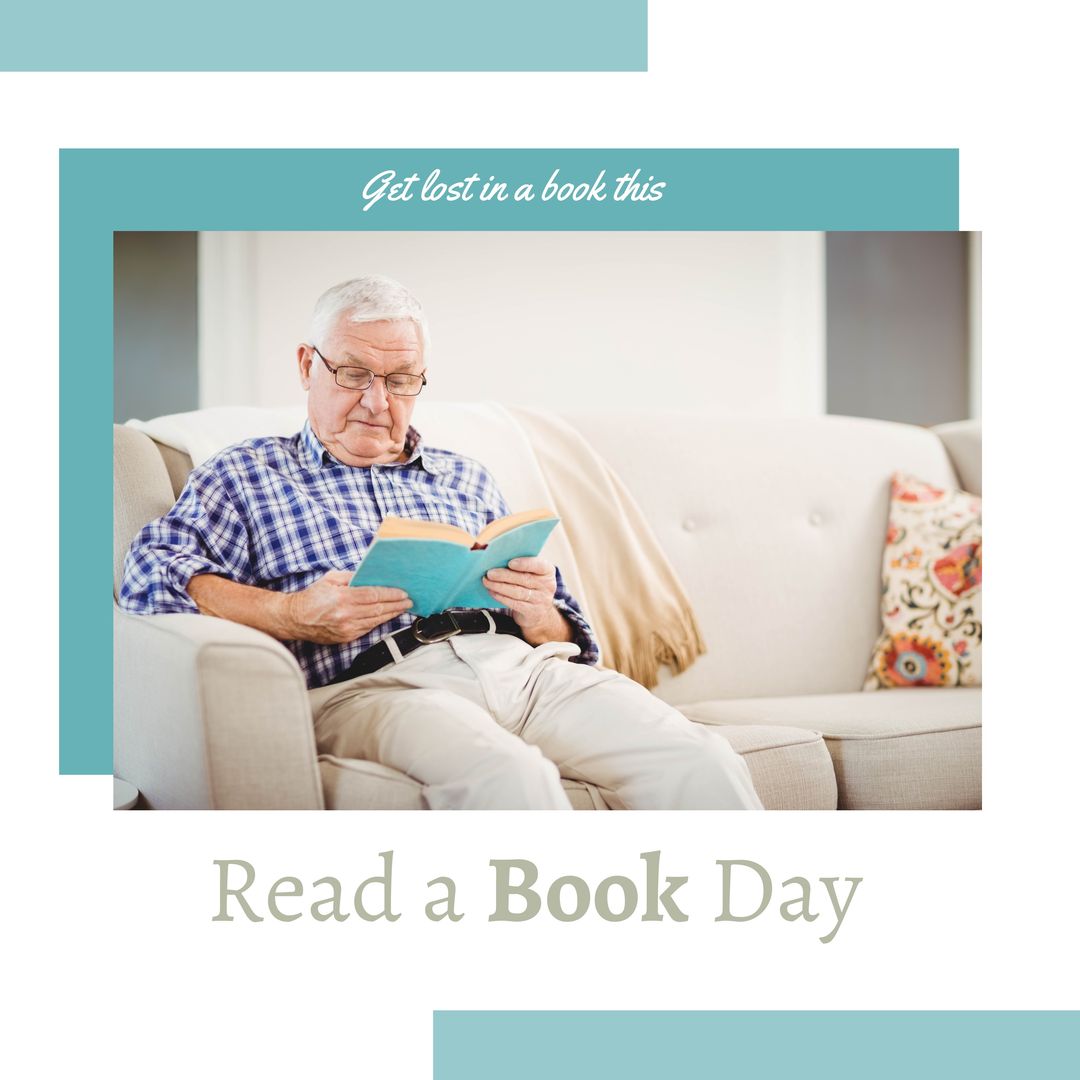 Senior Caucasian Man Relaxing on Sofa Reading Book for Read a Book Day - Download Free Stock Templates Pikwizard.com