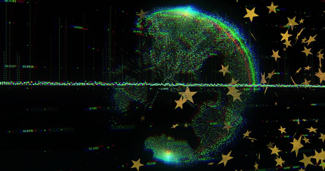 Rotating Holographic Data Globe with RGB Glitch, Neon Dots and Floating Gold Stars