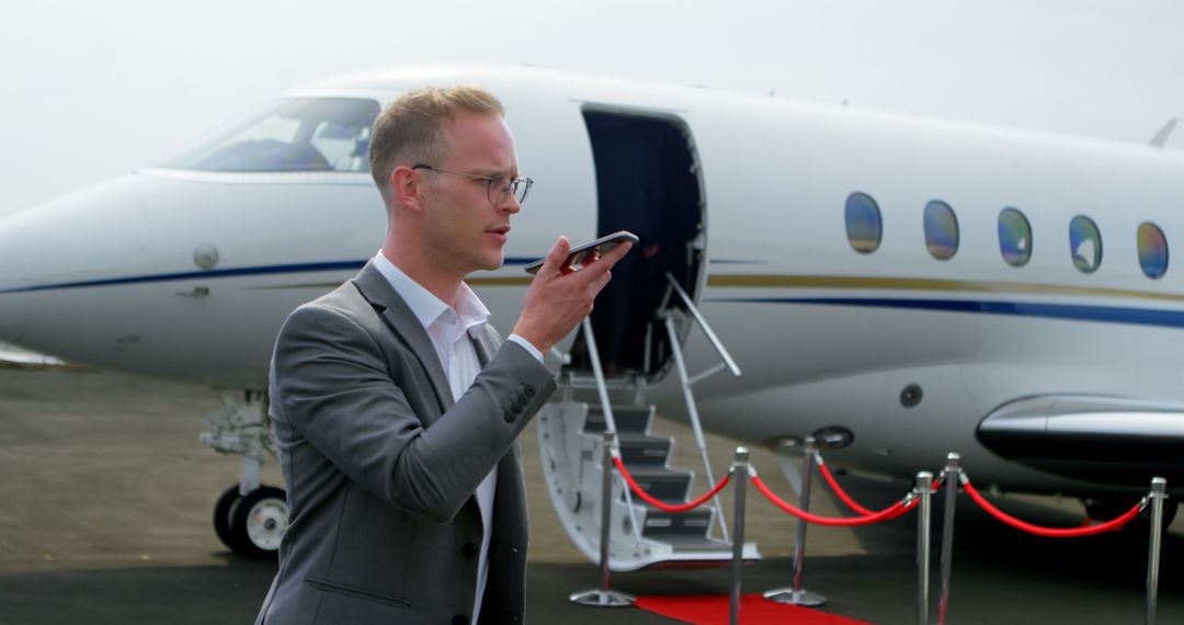 Businessman Speaking Into Smartphone Near Private Jet - Free Images, Stock Photos and Pictures on Pikwizard.com