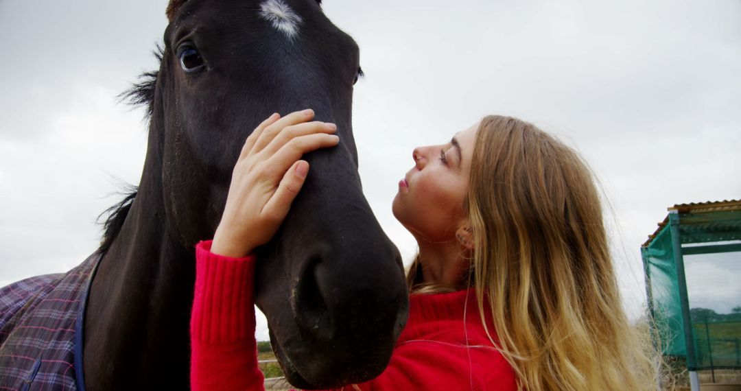 Young Woman Petting Horse Outdoors on Overcast Day - Free Images, Stock Photos and Pictures on Pikwizard.com