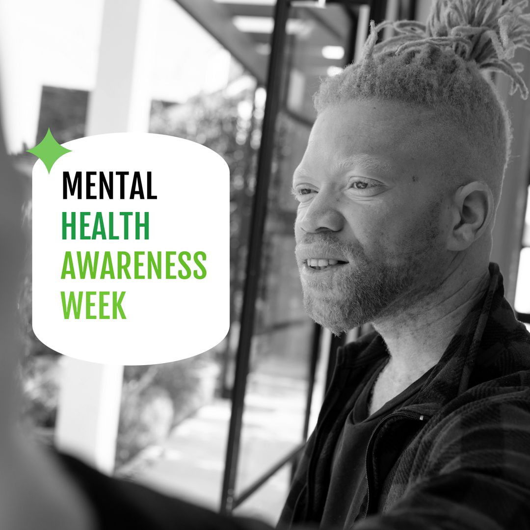 Reflective Albino Man Focusing on Mental Health Awareness