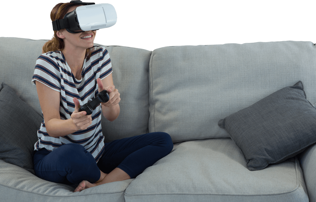 Smiling Woman Using Transparent Virtual Reality Headset