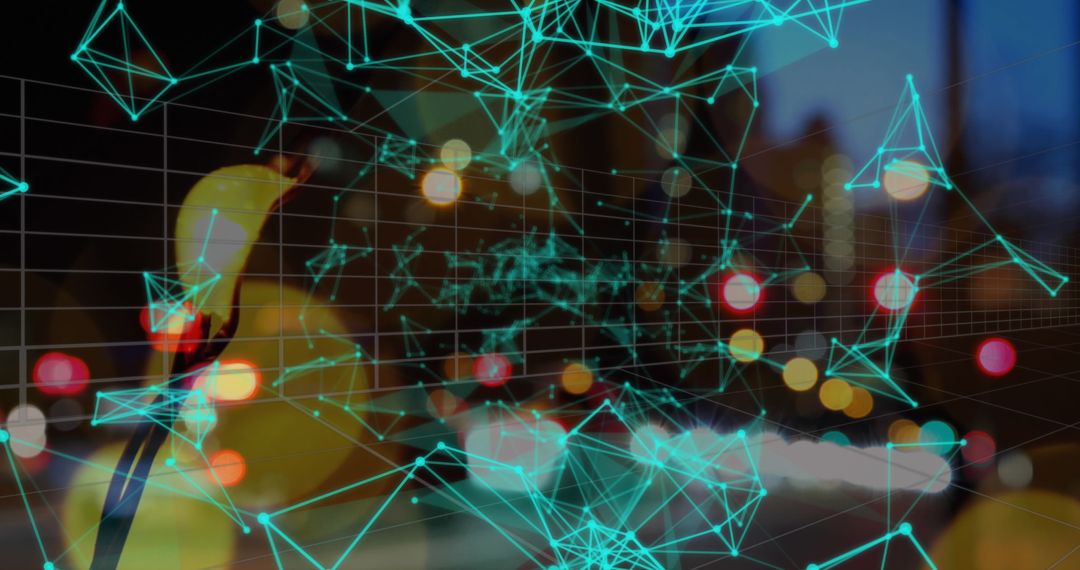 Futuristic Network Overlay on Urban Nightscape with Duck Silhouette