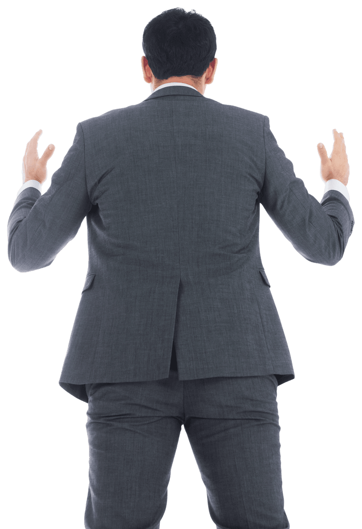 Transparent View of Asian Businessman Gesturing in Gray Suit