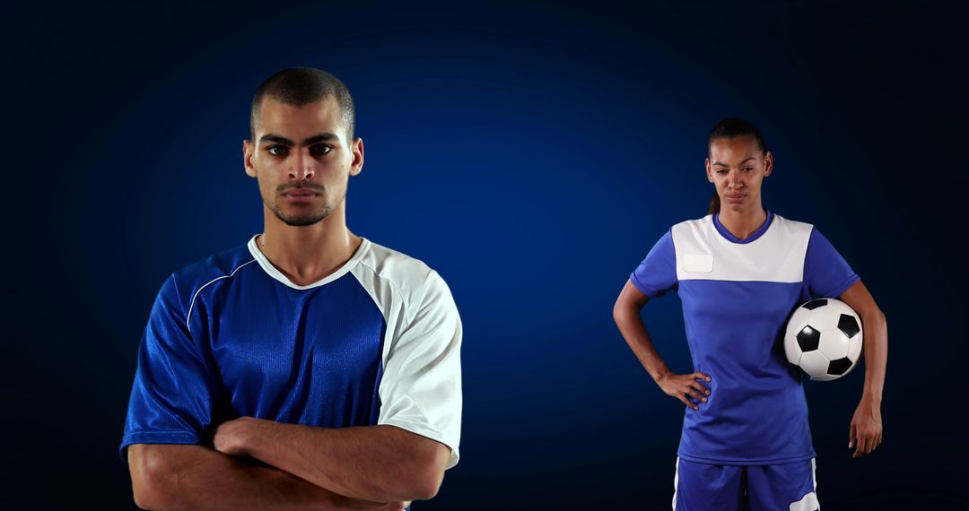 Confident Football Players in Dynamic Poses with Soccer Ball