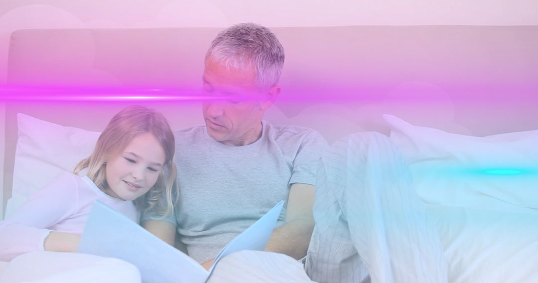 Father and Daughter Reading Together with Digital Light Effects