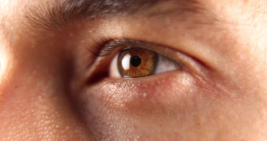 A close-up captures a Caucasian man's brown eye reflecting light as he blinks and looks aside. - Free Images, Stock Photos and Pictures on Pikwizard.com