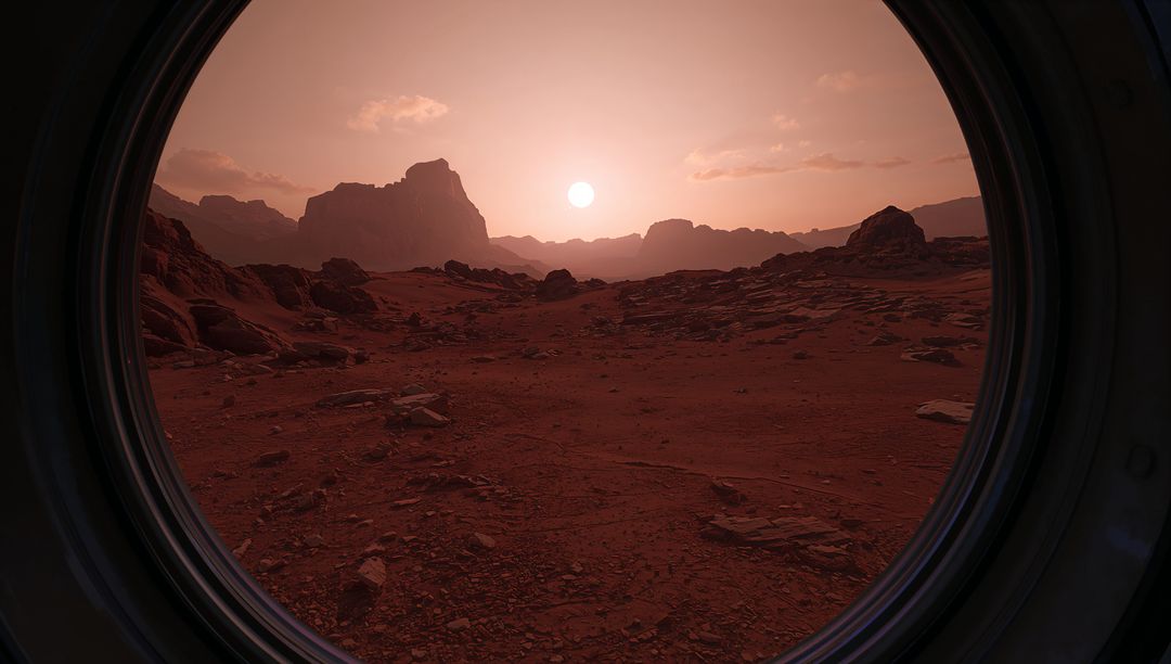 Mars Outpost View Framing Circular Porthole Over Red Rocky Plain at Dusk