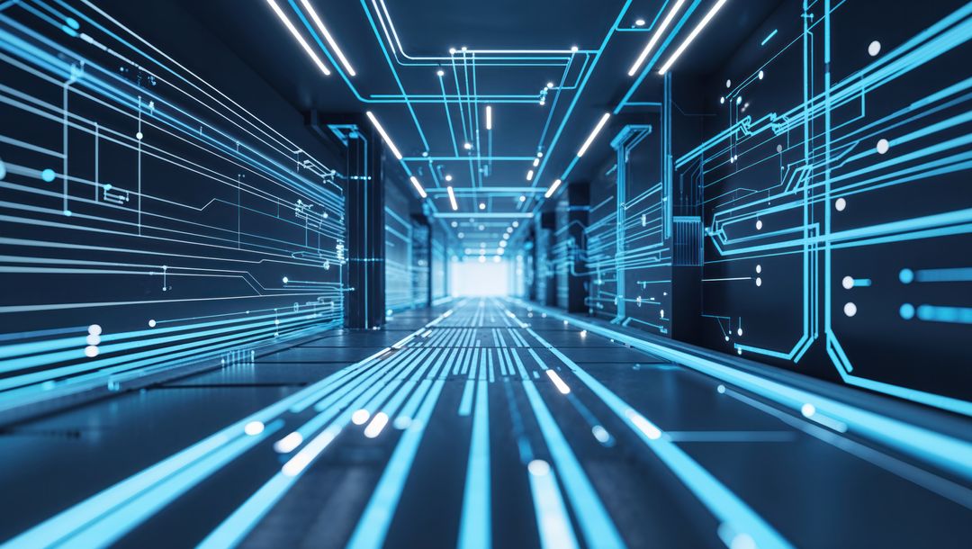 Futuristic Virtual Corridor with Glowing Circuit Patterns