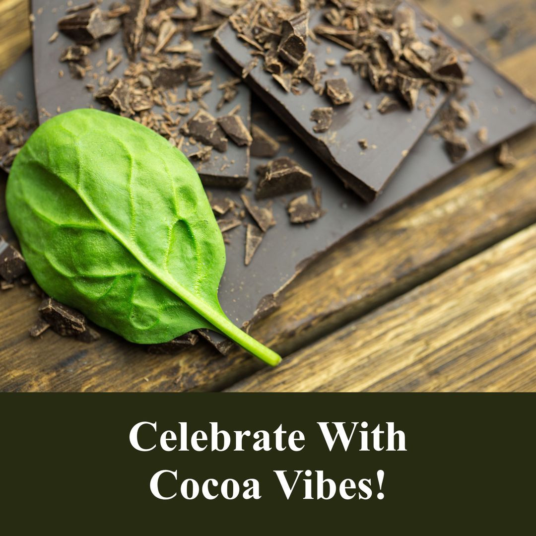Dark Chocolate and Leaf on Wooden Surface with Celebration Text