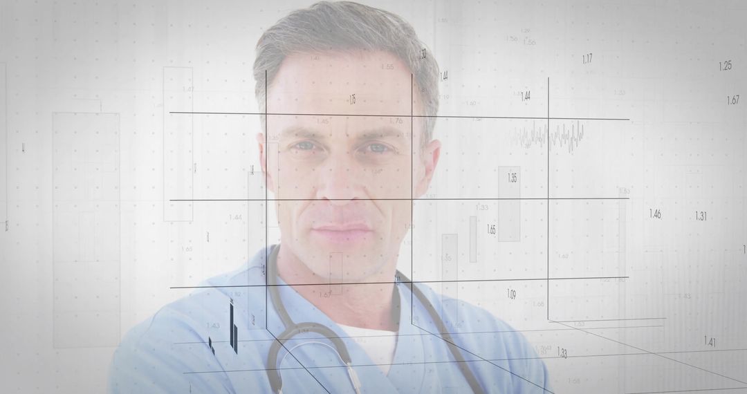 Confident Male Doctor with Data Overlay Symbolizing Medical Innovation