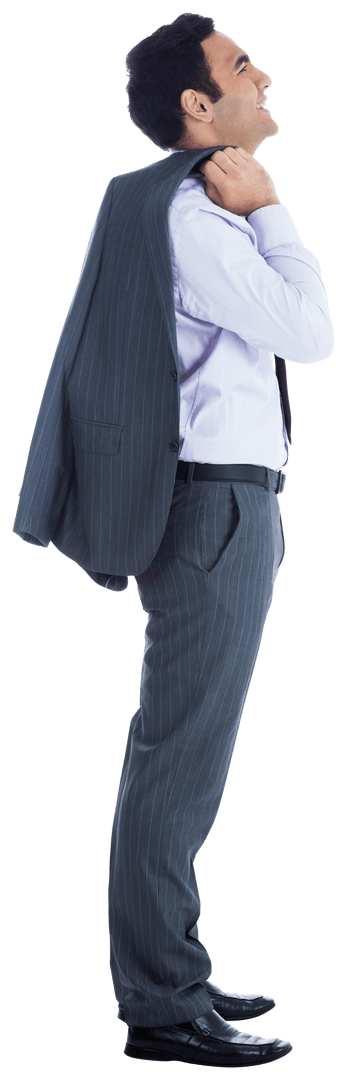 Happy Businessman Holding Jacket on Transparent Background
