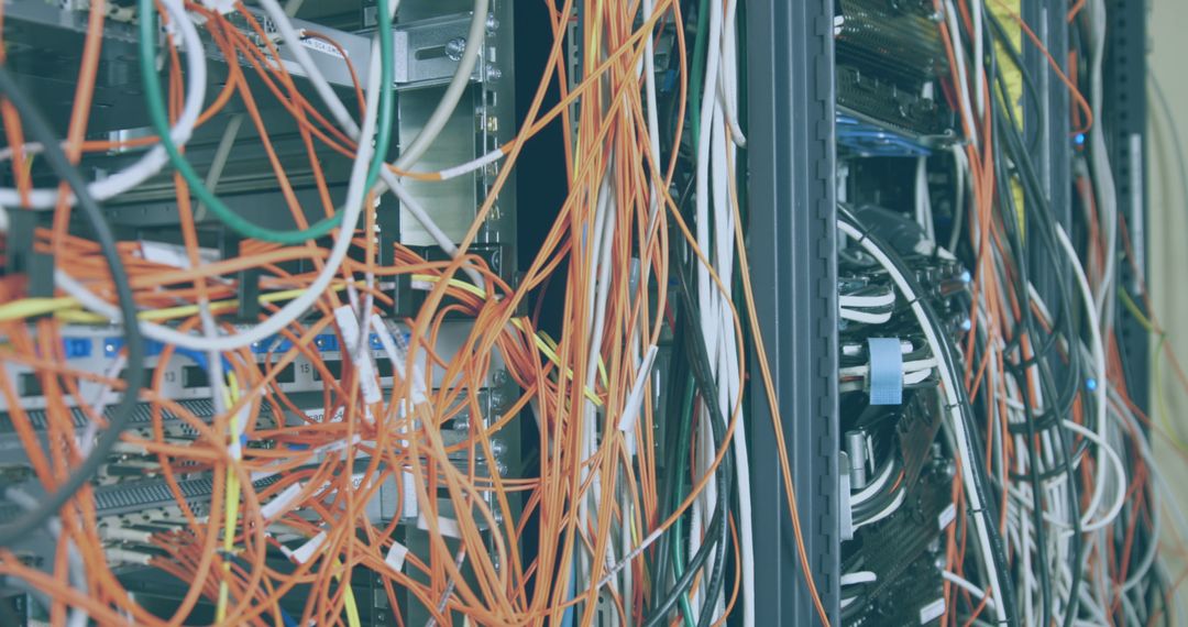 Chaos of Cables in Network Server Room Racks