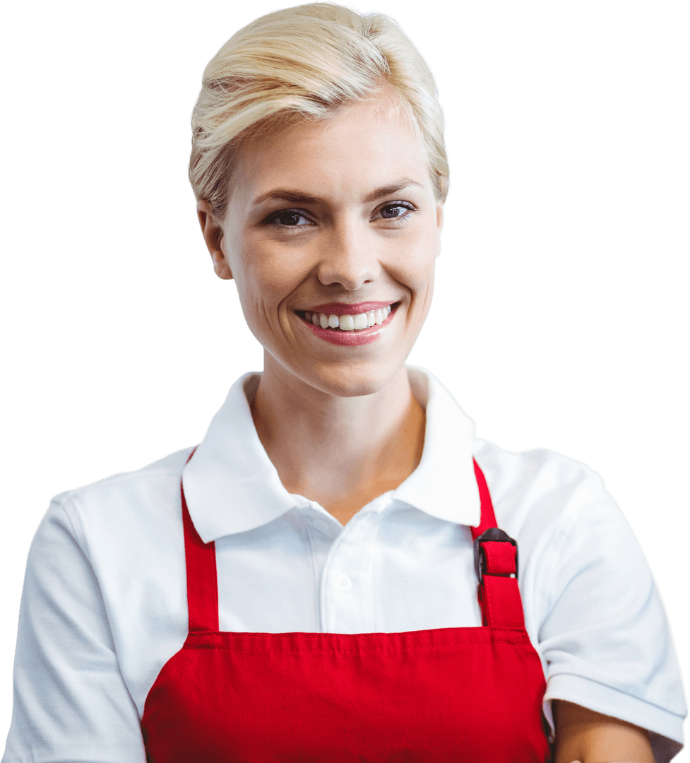 Transparent Smiling Female Owner in Red Apron