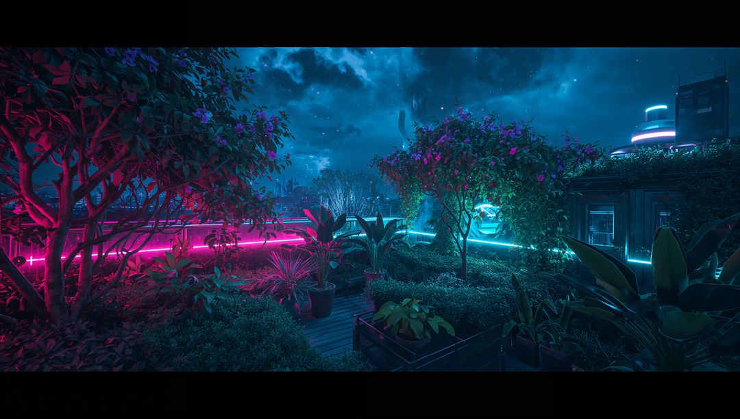 Neon-Lit Rooftop Garden at Night with Glowing Planter Boxes