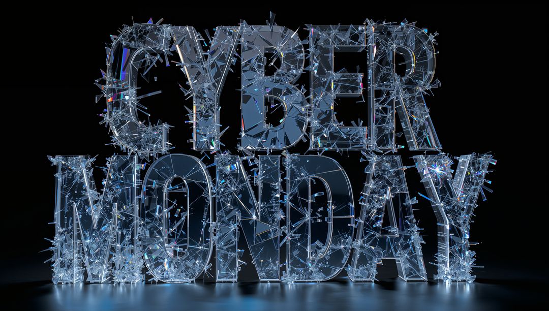 Shattered Crystal CYBER MONDAY Typography with Prismatic Blue Lighting and Glass Shards