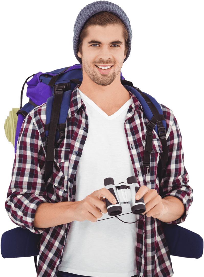 Transparent Happy Hipster with Backpack and Binoculars