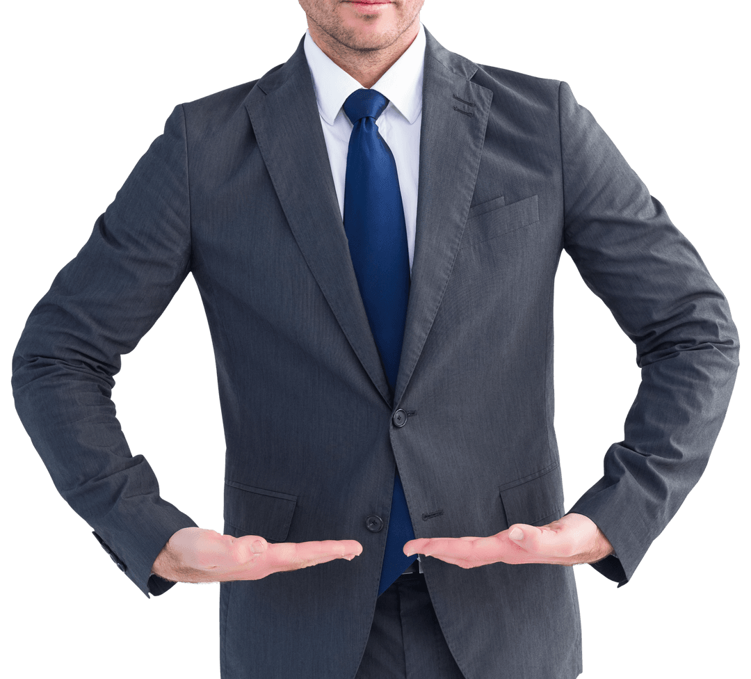 Transparent Gesture of Businessman in Suit Offering with Open Hands