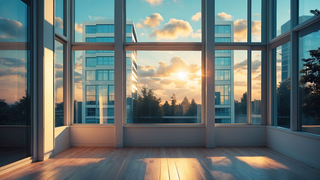 Modern High-Rise Room with Floor-to-Ceiling Windows at Sunset