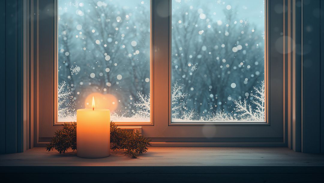 Glowing Pillar Candle on Wooden Windowsill with Warm Glow, Frosted Window and Falling Snow