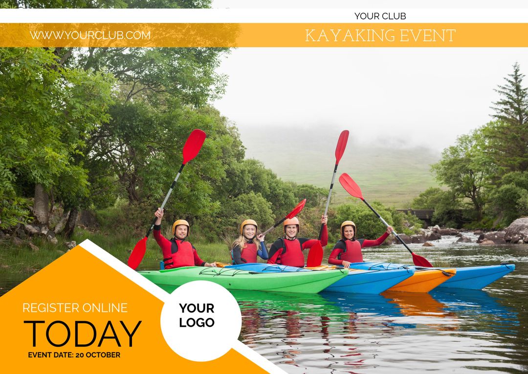 Group of Friends Enjoying Kayaking Event on Scenic River - Download Free Stock Templates Pikwizard.com