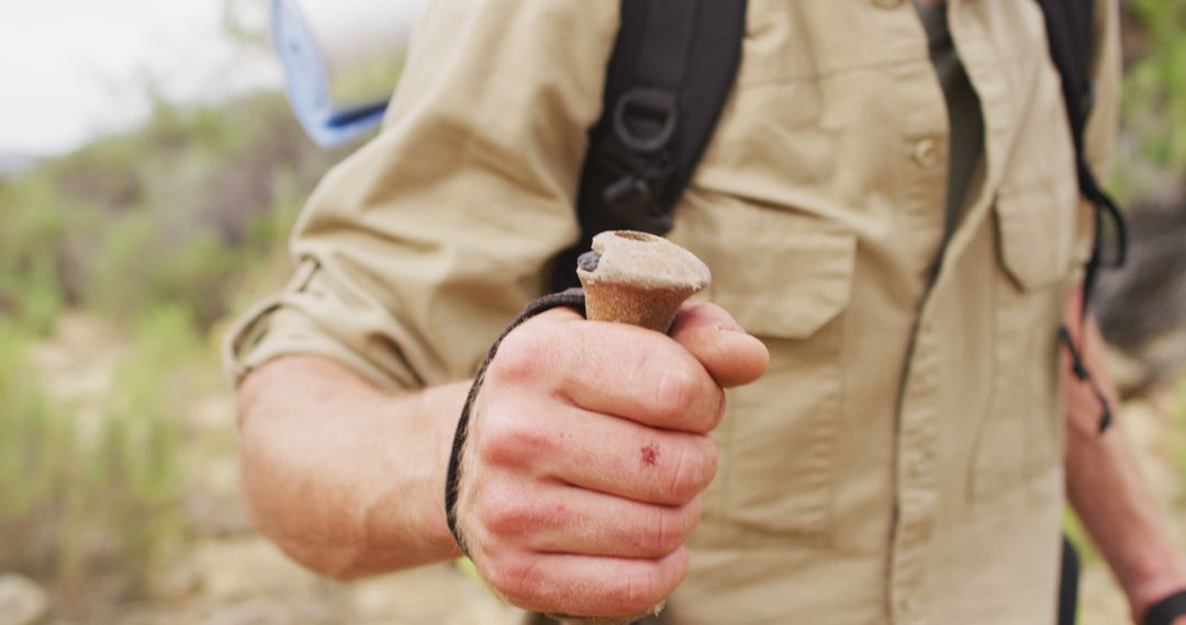 Survivalist Hiker Traversing Wilderness with Walking Stick