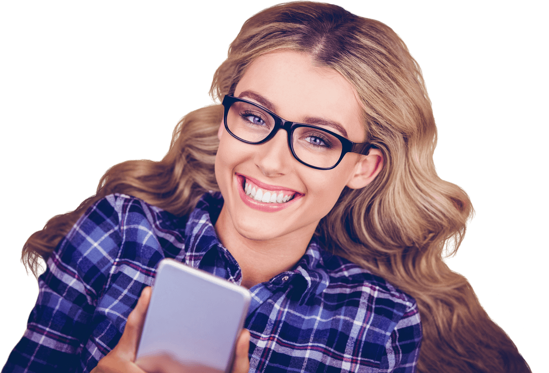 Smiling Woman with Smartphone on Transparent Background
