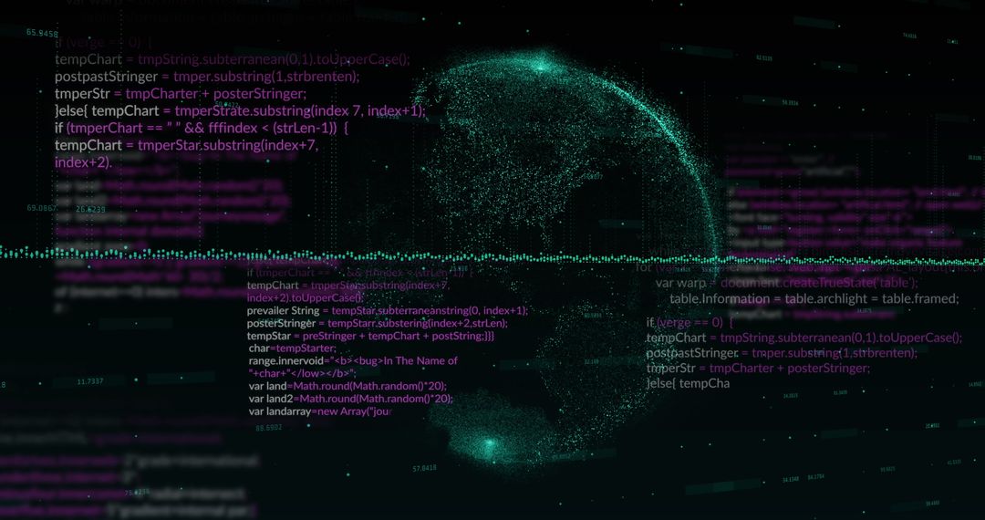 Holographic Digital Globe with Code Overlay on Dark Background