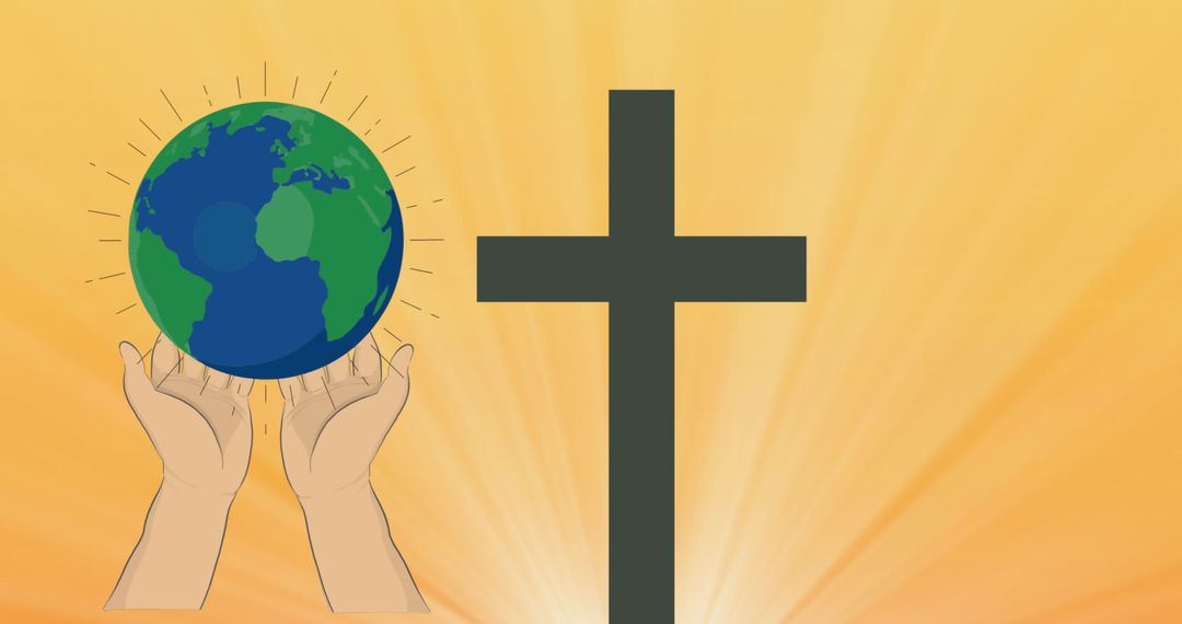 Hands Raising Globe with Cross Symbol on Yellow Background