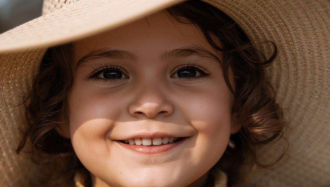 Smiling Child Wearing Wide Straw Hat with Sunlit Brim Shadows and Dimples